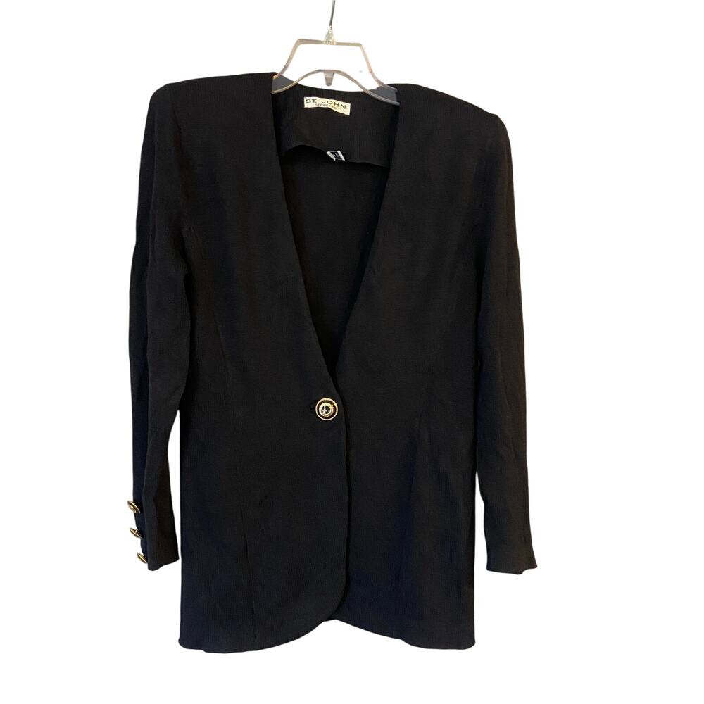 St. John Size Medium Black Knit Blazer Cardigan Gold Crest Logo Buttons Vintage